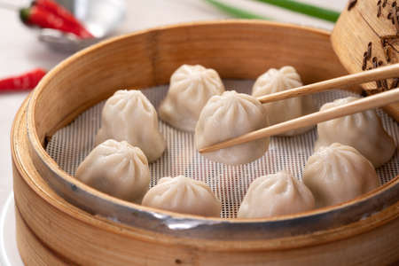Steamed pork soup dumplings named Xiao long bao in Taiwan, Taiwanese famous gourmet.