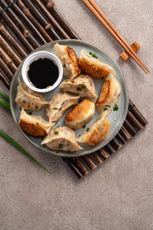 Taiwanese and Japanese Pan-fried gyoza dumpling jiaozi food in a plate with soy sauce on gray table background.の写真素材