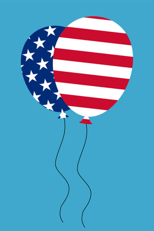 Flying balloon with American flag pattern in blue background.のイラスト素材