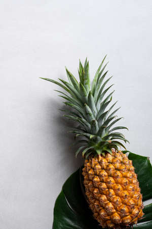 Top view of fresh cut pineapple with tropical leaves on dark blue background.の写真素材