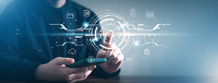 Login to secure dashboard by fingerprint scan to access protected network data with smartphone...