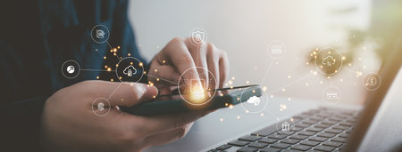 AI chip and new technology bigdata and business design concept with fingerprint system, cloud...