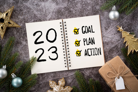 Christmas and New year of 2023 goals, plan and action design concept, vision and resolution...