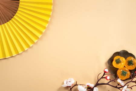 Design concept of Chinese lunar new year background copy space with white plum flower and festive decoration.の写真素材