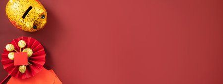 Design concept of Chinese lunar new year background with red envelope and festive decorations, the...