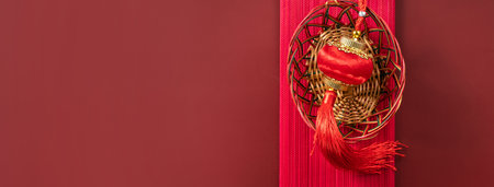 Design concept of Chinese lunar new year background with red envelope and festive decorations, the Chinese word means blessing.の写真素材