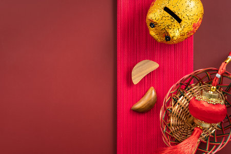 Design concept of Chinese lunar new year background with red envelope and festive decorations, the Chinese word means blessing.の写真素材