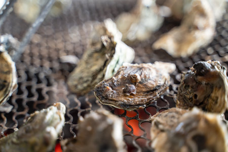 Grilled fresh oyster in Tainan, Taiwan, the famous Taiwanese street food gourmet.の写真素材