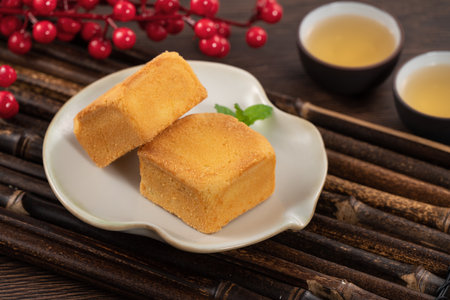 Delicious Taiwanese pineapple cake pastry dessert in a plate on wooden table background with hot tea.の写真素材