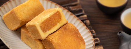 Delicious Taiwanese pineapple cake pastry dessert in a plate on wooden table background with hot...