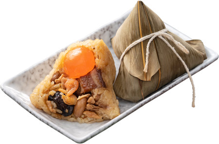 Zongzi, rice dumpling - Design concept of famous food in duanwu dragon boat festival with clipping path, cut out, isolated on white backgroundの写真素材