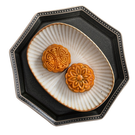 Delicious moon cake for Mid-Autumn Festival food mooncake isolated white table background.の写真素材