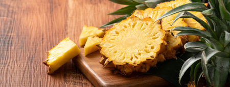 Close up of fresh cut pineapple on a tray over dark wooden table background.の写真素材