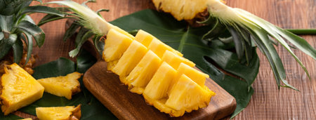 Close up of fresh cut pineapple on a tray over dark wooden table background.の写真素材