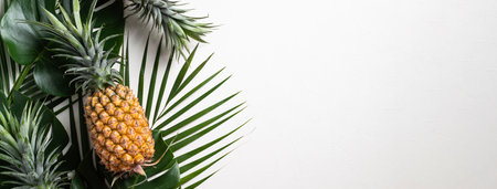 Top view of fresh pineapple with tropical monstera leaves on white background.の写真素材