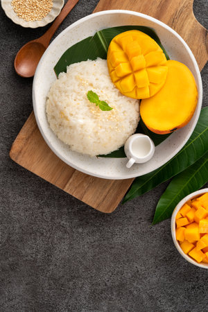 Delicious Thai mango sticky rice with cut fresh mango fruit in a plate on gray table background.の写真素材