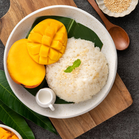 Delicious Thai mango sticky rice with cut fresh mango fruit in a plate on gray table background.の写真素材