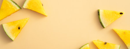 Sliced yellow golden watermelon pattern flat lay on pastel yellow table background.