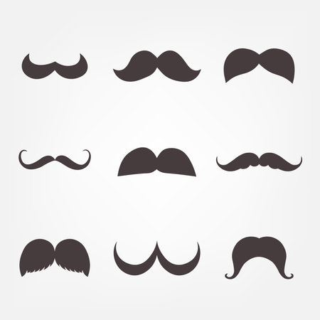 Set of black, funny, curl male mustache silhouette symbol design elements.のイラスト素材