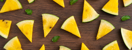 Sliced yellow golden watermelon pattern flat lay on wooden table background.の写真素材