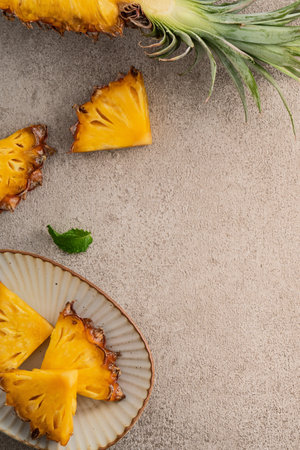 Top view of fresh cut pineapple with tropical leaves on gray table background.の写真素材