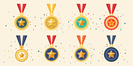 Set of golden star medal, the first prize design element object.のイラスト素材