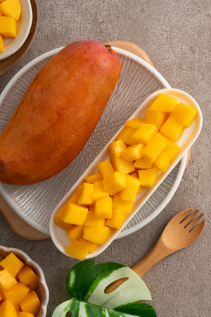 Fresh chopped, diced mango cubes on gray table background with tropical leaf for eating.の写真素材