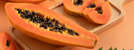 Fresh cut papaya fruit over orange table background for tropical gourmet design concept.の写真素材