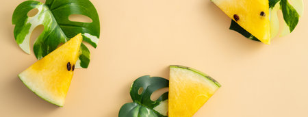 Sliced yellow golden watermelon with leaves flat lay on pastel yellow table background.の写真素材