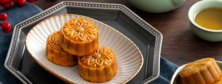 Delicious Cantonese moon cake for Mid-Autumn Festival food mooncake on wooden table background for afternoon tea, holiday celebration serving.の写真素材