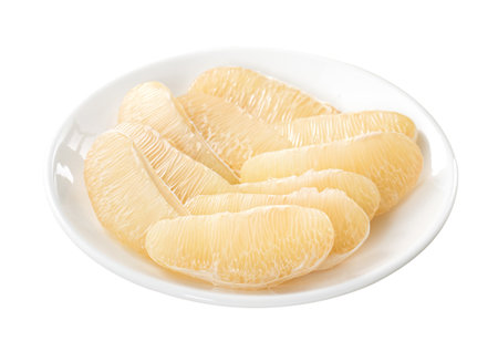Fresh peeled pomelo, pummelo, grapefruit, shaddock isolated on white background, clipping path.の写真素材