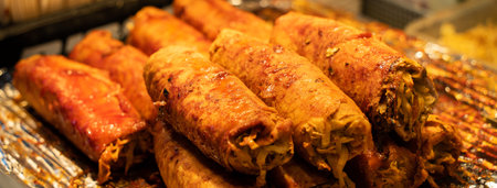 Grilling barbecue meatloaf rolled with vegetables, pork or beef at traditional night market stall, delicious street food in South Korea.の写真素材
