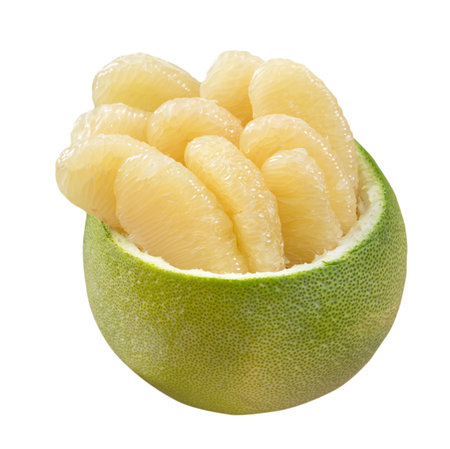 Fresh peeled pomelo, pummelo, grapefruit, shaddock isolated on white background, clipping path.の写真素材