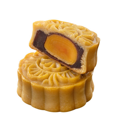 Delicious Cantonese moon cake for Mid-Autumn Festival food mooncake isolated on white background for afternoon tea, holiday celebration serving.の写真素材