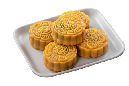 Delicious Cantonese moon cake for Mid-Autumn Festival food mooncake isolated on white background for afternoon tea, holiday celebration serving.の写真素材