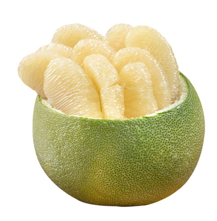 Fresh peeled pomelo, pummelo, grapefruit, shaddock isolated on white background, clipping path.の写真素材