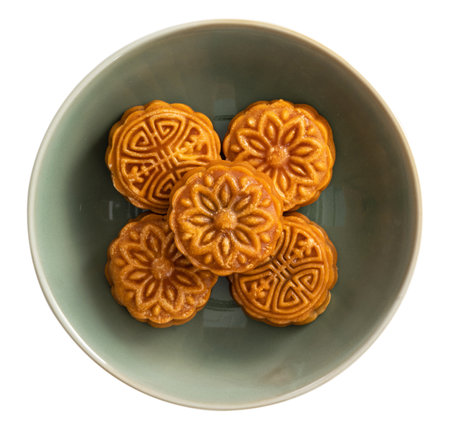 Delicious Cantonese moon cake for Mid-Autumn Festival food mooncake isolated on white background for afternoon tea, holiday celebration serving.の写真素材