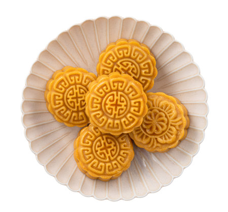 Delicious Cantonese moon cake for Mid-Autumn Festival food mooncake isolated on white background for afternoon tea, holiday celebration serving.の写真素材