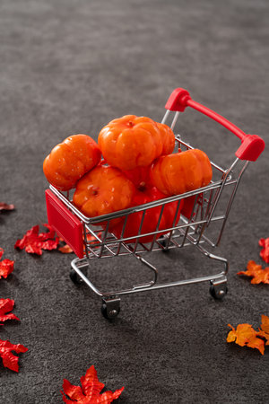 Autumn shopping design concept with shopping cart, maple leaves and pumpkin on black table background.の写真素材