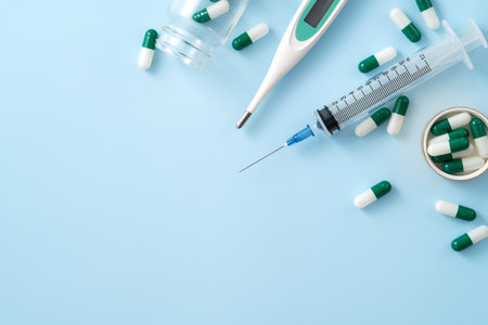 Taking medicine design concept, top view of capsule pills spilled over blue table background.の写真素材