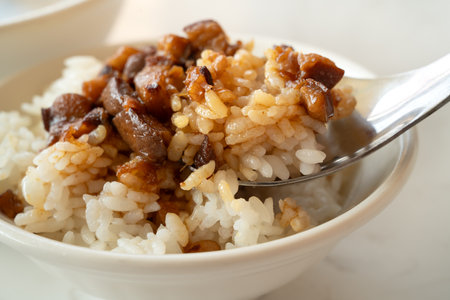 Braised meat rice, stewed pork over cooked rice in Taiwanese restaurant.の写真素材