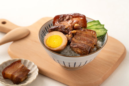 Braised pork belly meat rice, stewed pork over cooked rice in Taiwanese restaurant.の写真素材