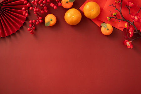Chinese lunar new year background with fresh tangerine, red envelope, paper fan and decorations for Spring Festival.の写真素材