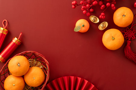 Chinese lunar new year background with fresh tangerine, red envelope, paper fan and decorations for Spring Festival.の写真素材