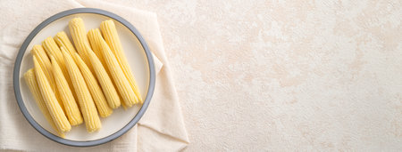 Raw, fresh baby corn in the husk with red silk in basket sieve plate on gray table background.の写真素材