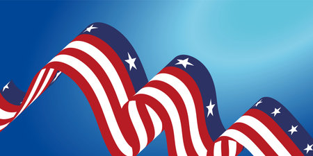 Concept of the Fourth of July independence day with American flag pattern ribbons over blue background.のイラスト素材