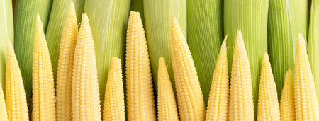 Raw, fresh baby corn in the husk with red silk in basket sieve plate on gray table background.の写真素材