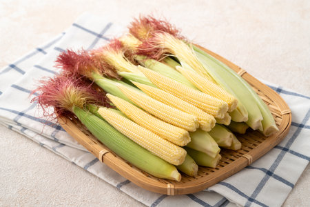 Raw, fresh baby corn in the husk with red silk in basket sieve plate on gray table background.の写真素材