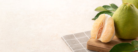 Fresh peeled pomelo with leaf on white table background for Mid-Autumn Festival fruit.の写真素材