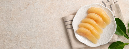Fresh peeled pomelo with leaf on white table background for Mid-Autumn Festival fruit.の写真素材